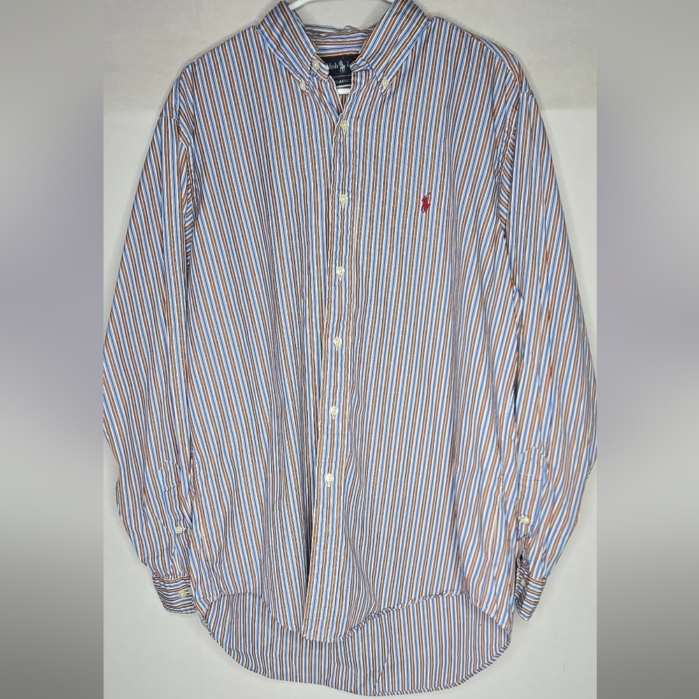 Ralph Lauren Button Down Shirt Powder Blue Stripe Long Sleeve Classic Fit Large